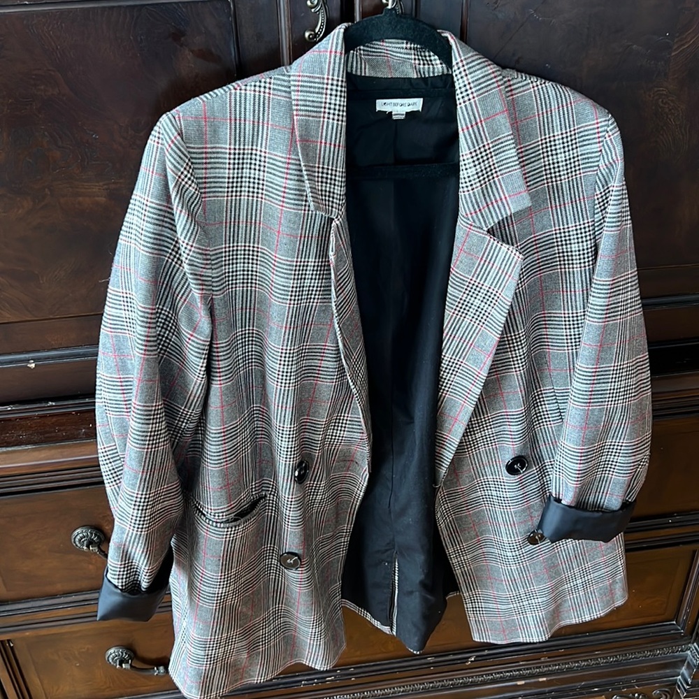 red, black, white and grey plaid blazer